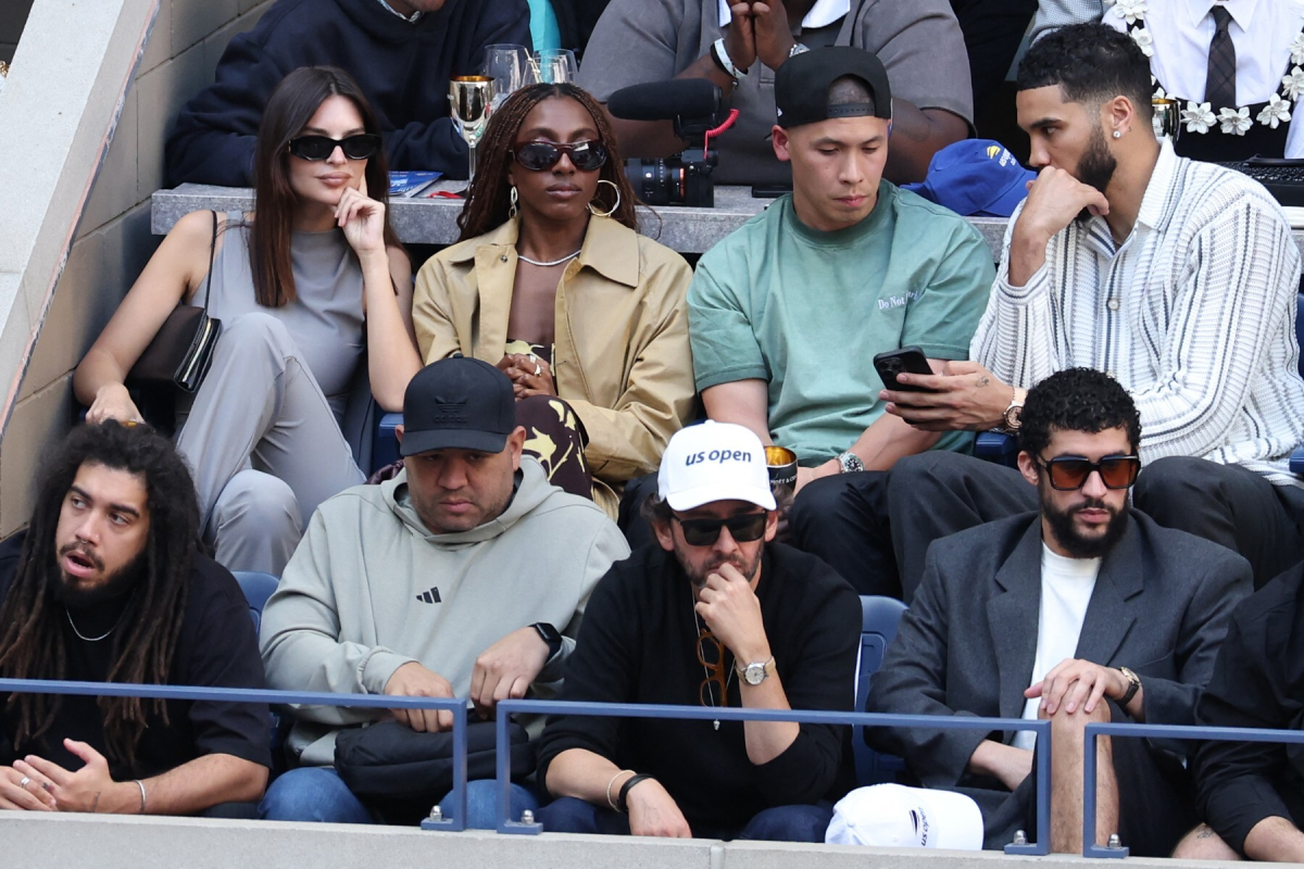 US model Emily Ratajkowski (top L), US comedian Ziwe Fumudoh (top, 2nd L) and Puerto Rican singer Bad Bunny (bottom R) attend the men's final match between USA's Taylor Fritz and Italy's Jannik Sinner on day fourteen of the US Open tennis tournament at the USTA Billie Jean King National Tennis Center in New York City, on September 8, 2024.,Image: 905902070, License: Rights-managed, Restrictions:, Model Release: no, Credit line: CHARLY TRIBALLEAU/AFP/Profimedia